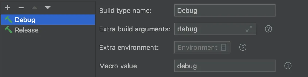 Screenshot showing the settings for the debug build type for B2