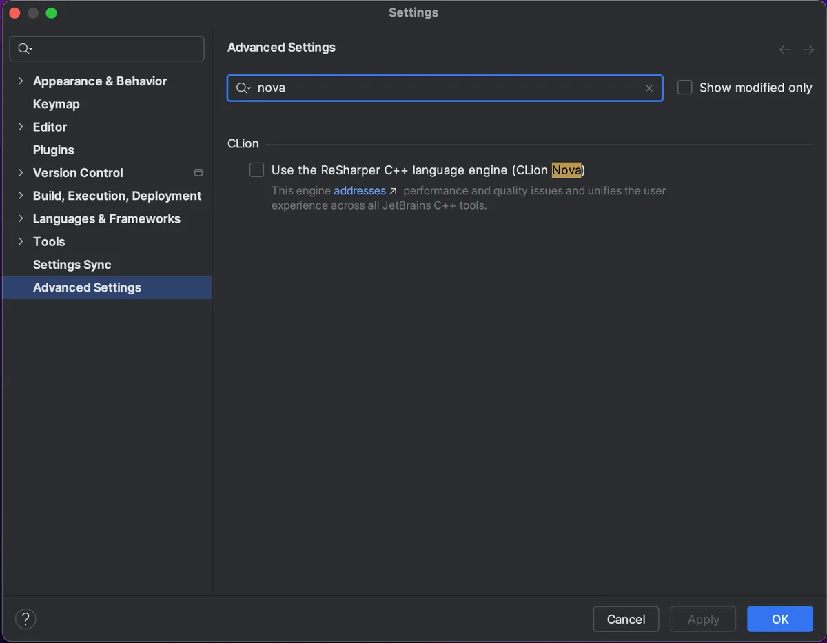 Screenshot of the advanced settings showing the CLion Nova option