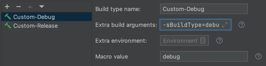 Screenshot showing the settings for a custom debug build type