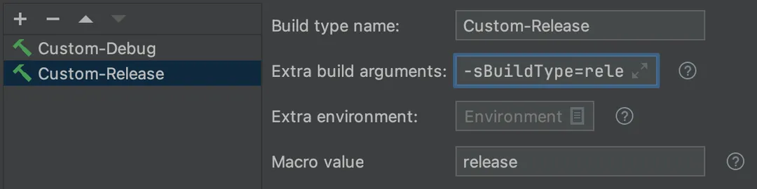 Screenshot showing the settings for a custom release build type