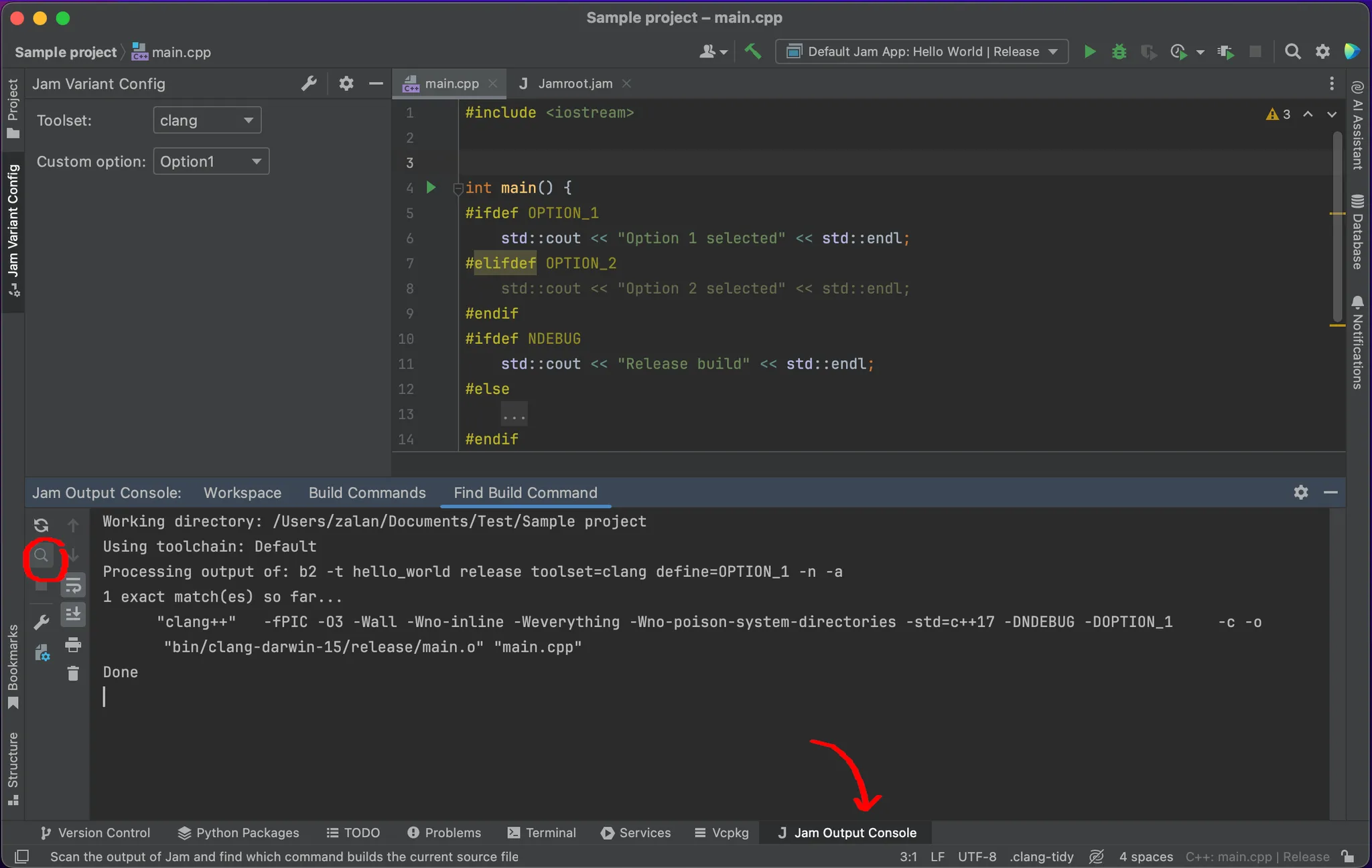 Screenshot showing the action 'Find Jam Build Command For Current File' from the Jam Output Console