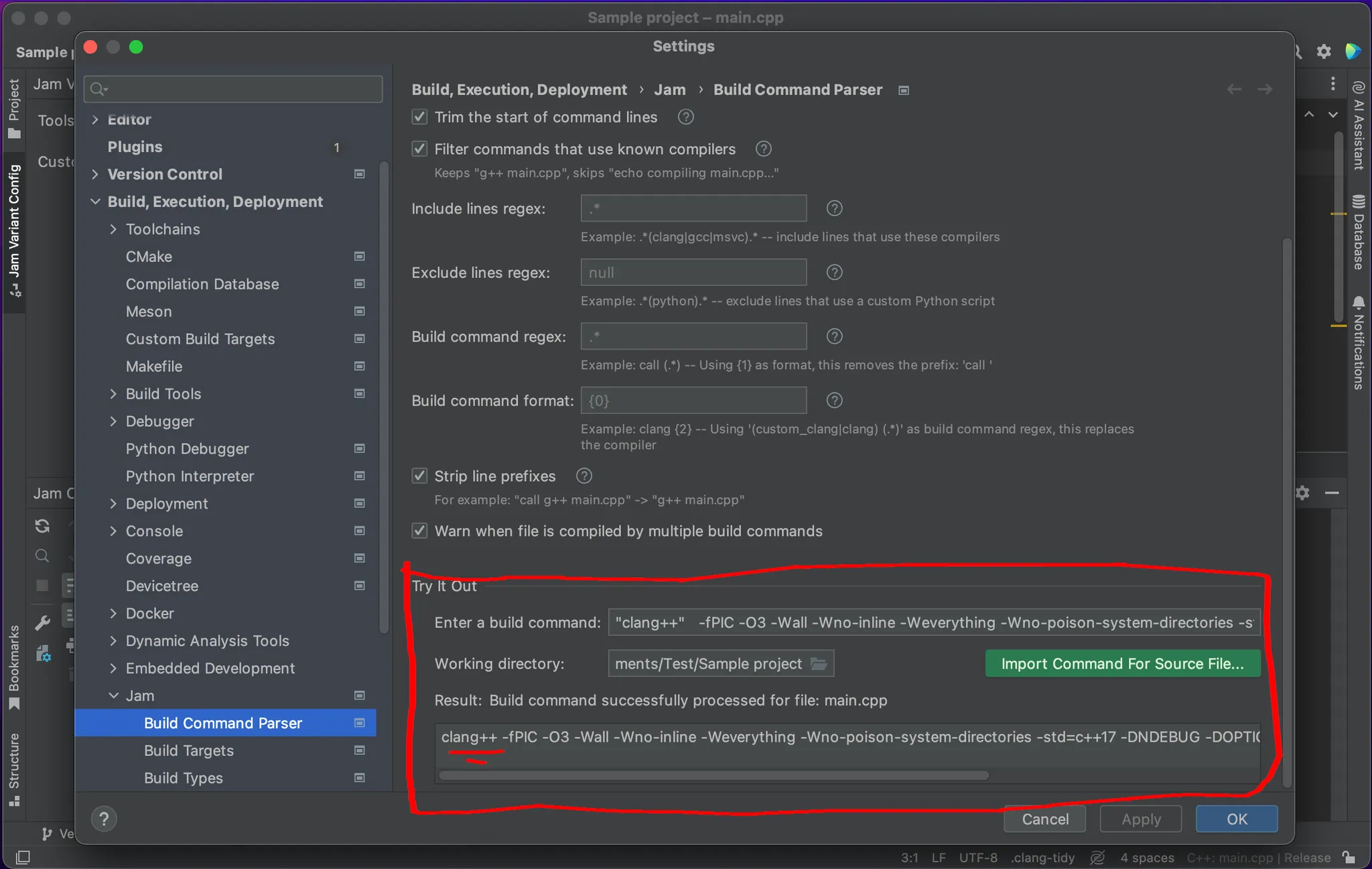 Screenshot of a successfully found build command in the command parser editor