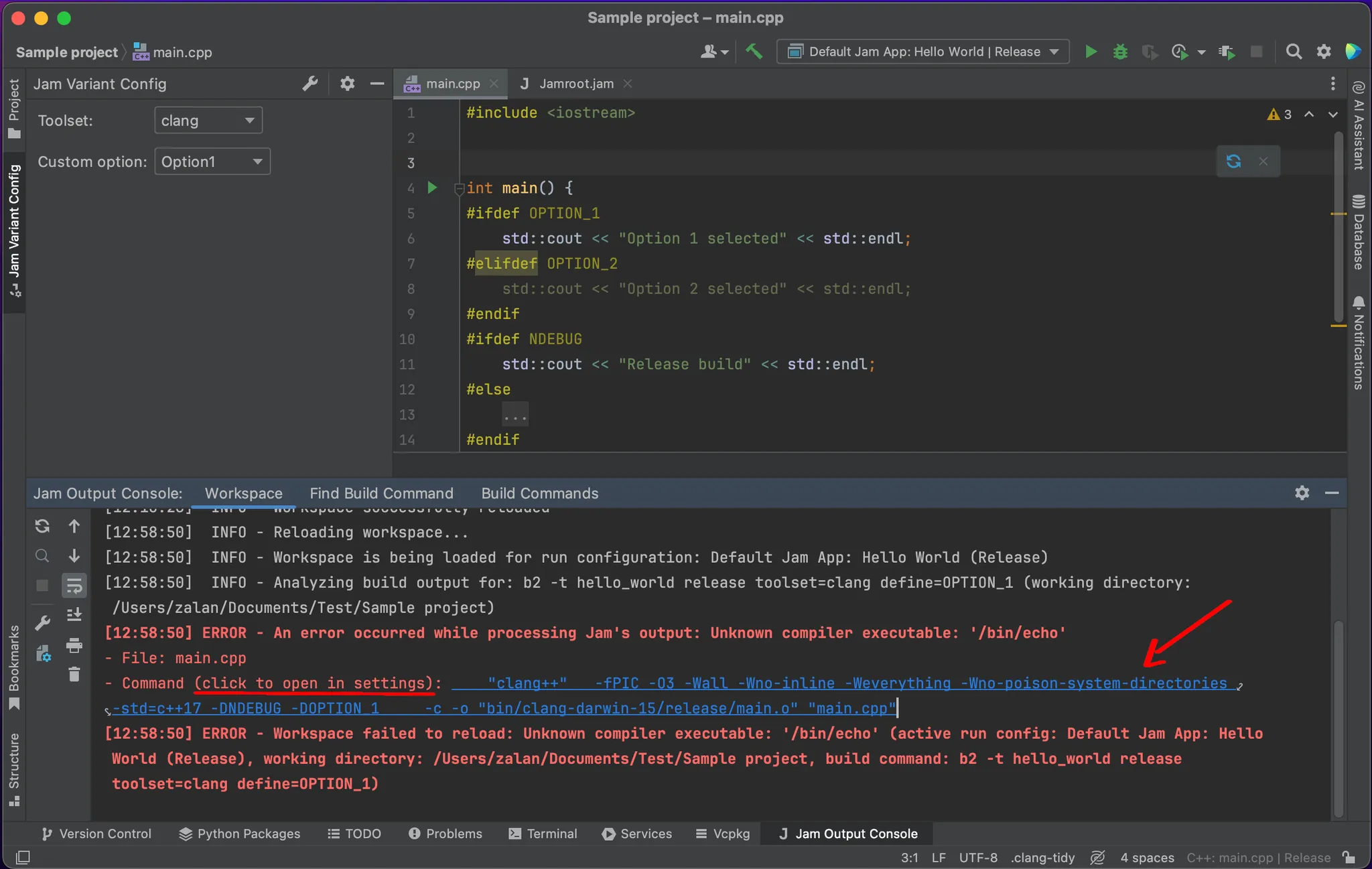Screenshot of an invalid build command in the Jam Output Console