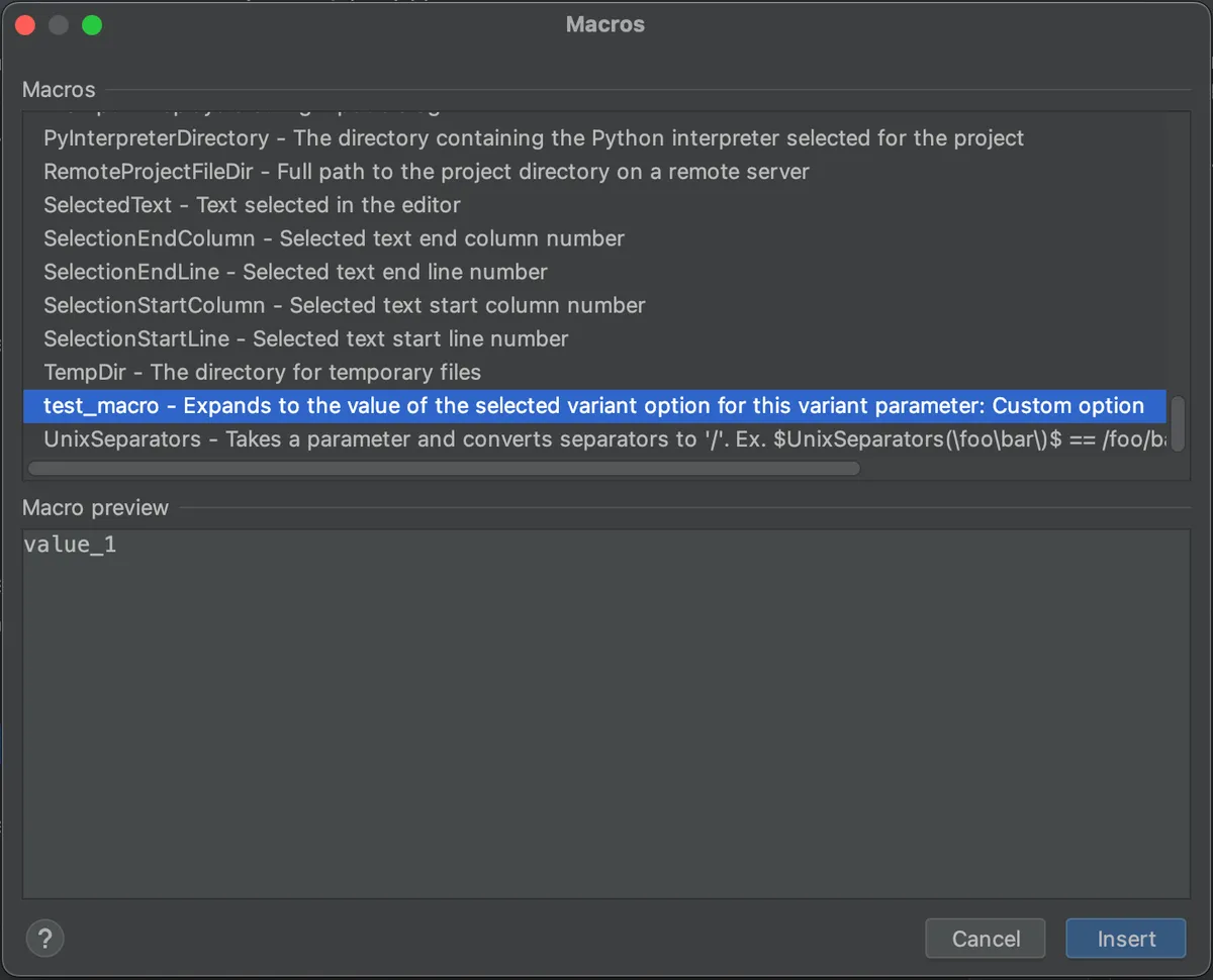 Screenshot showing the generated custom macro in the macro browser