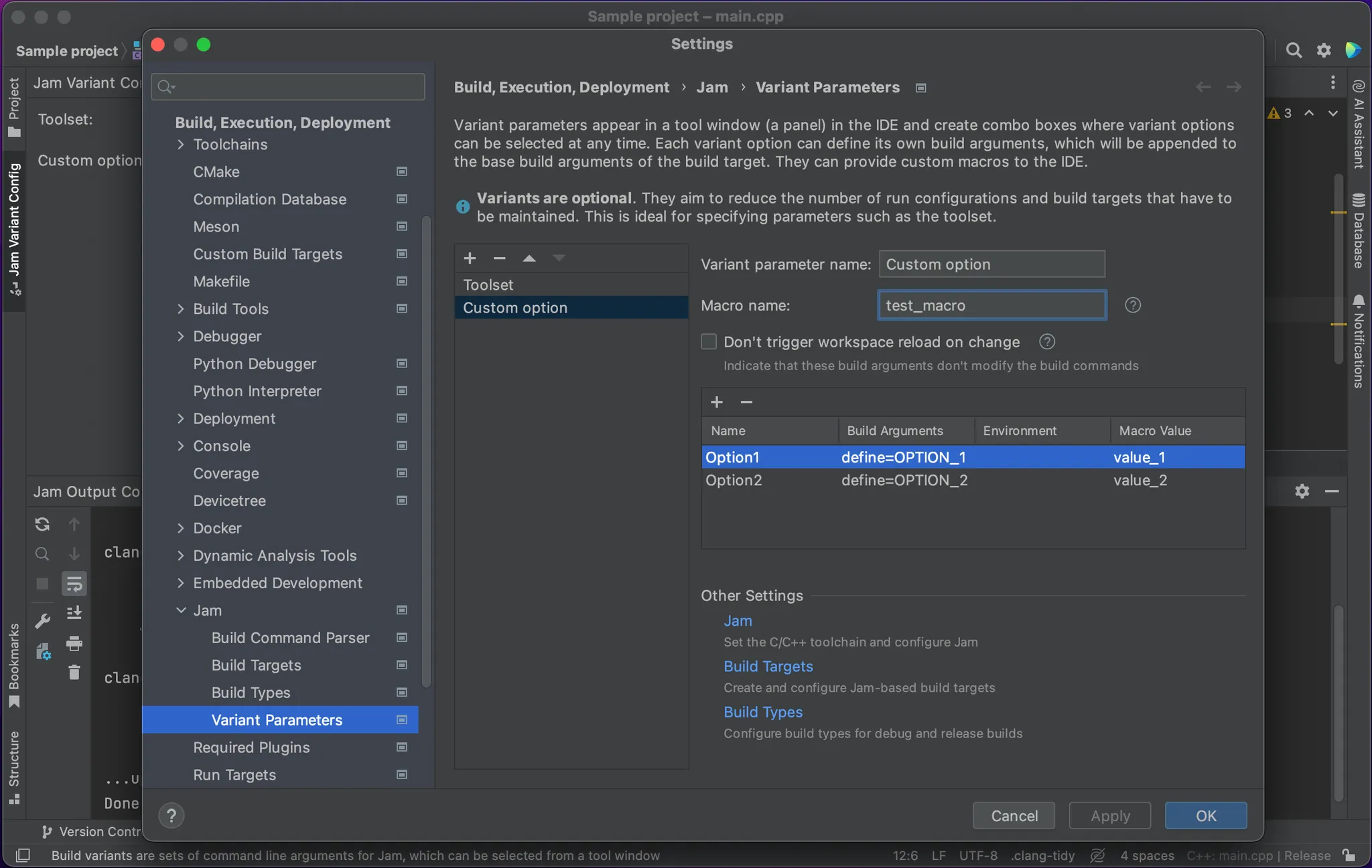 Screenshot showing the settings for custom macros