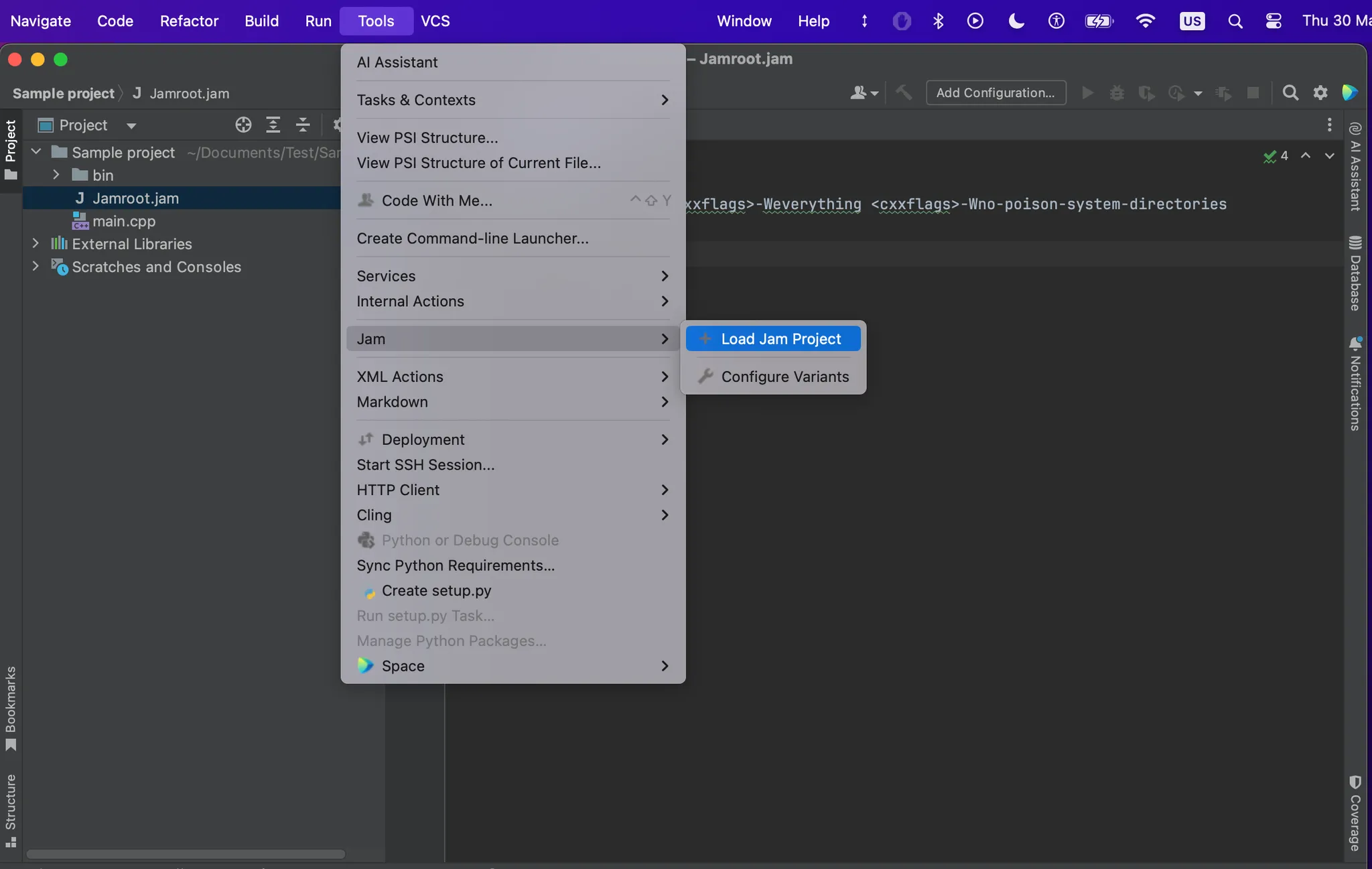 Screenshot showing how to open the Jam configuration wizard