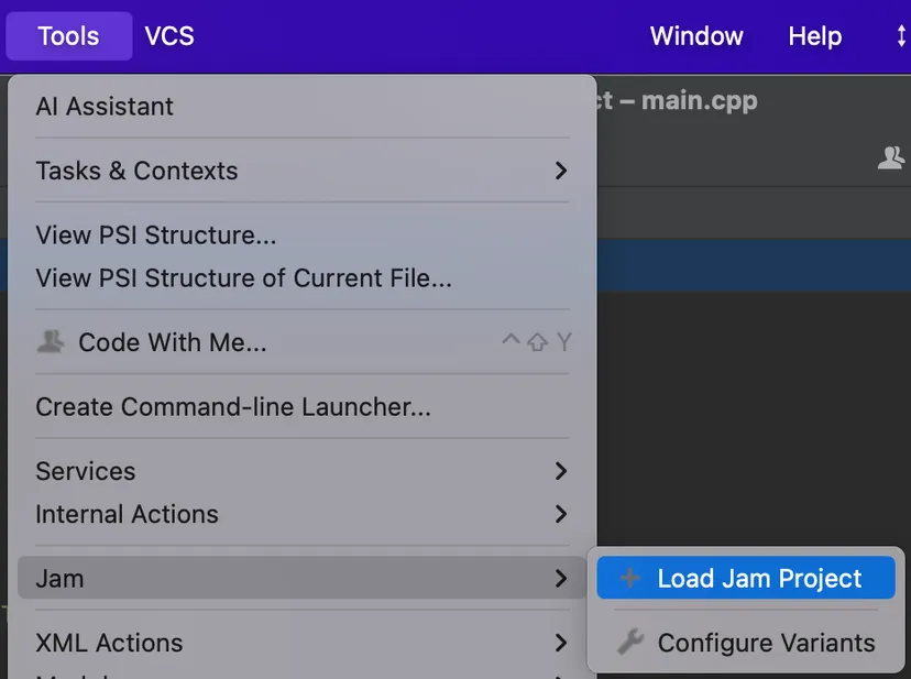 Screenshot showing how to open the Jam configuration wizard