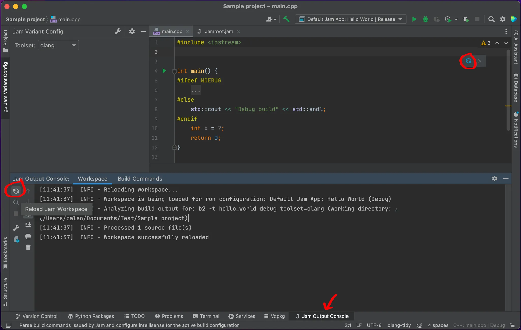 Screenshot showing how to reload the workspace
