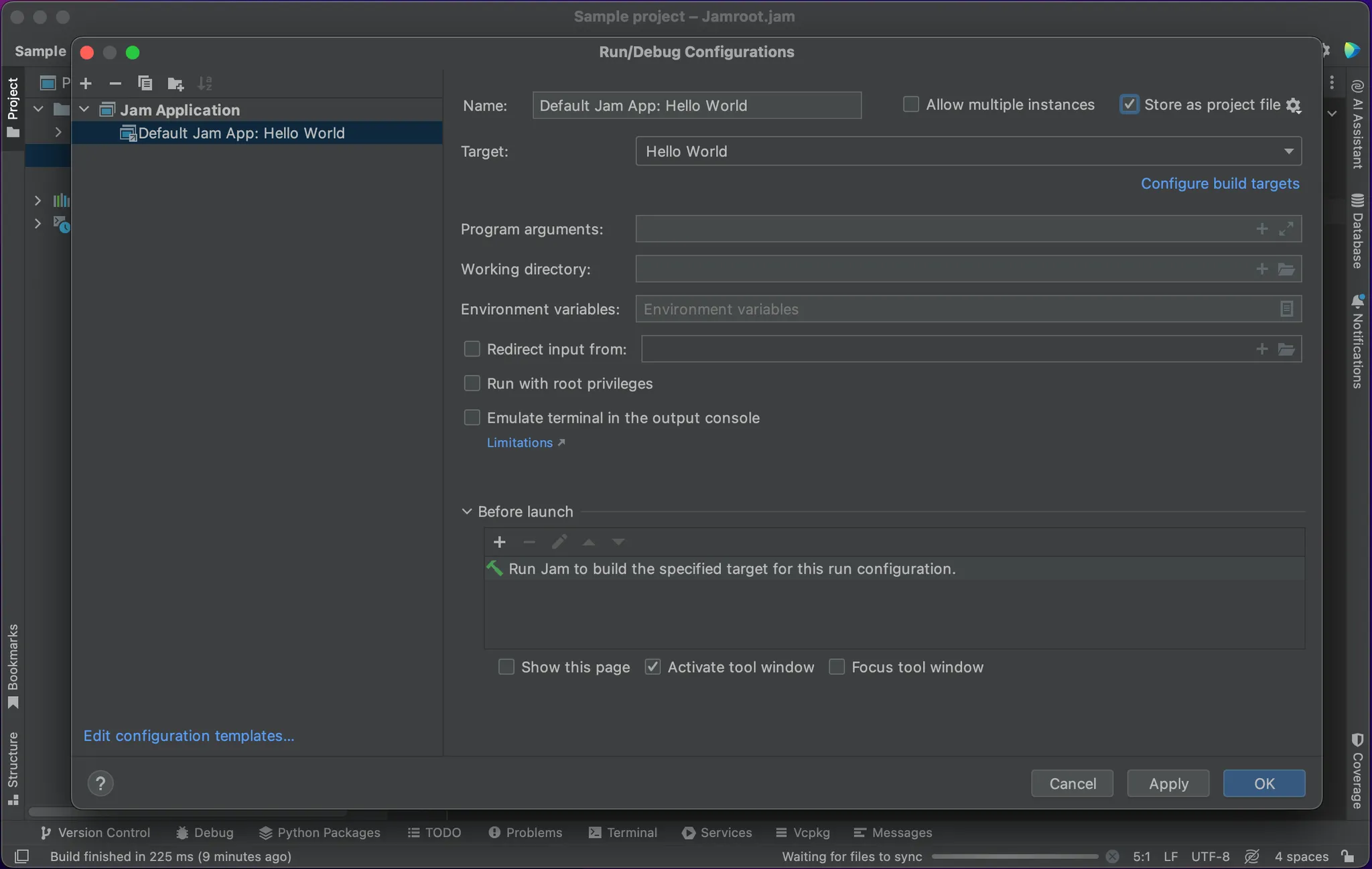 Screenshot of the run configuration for a Jam application