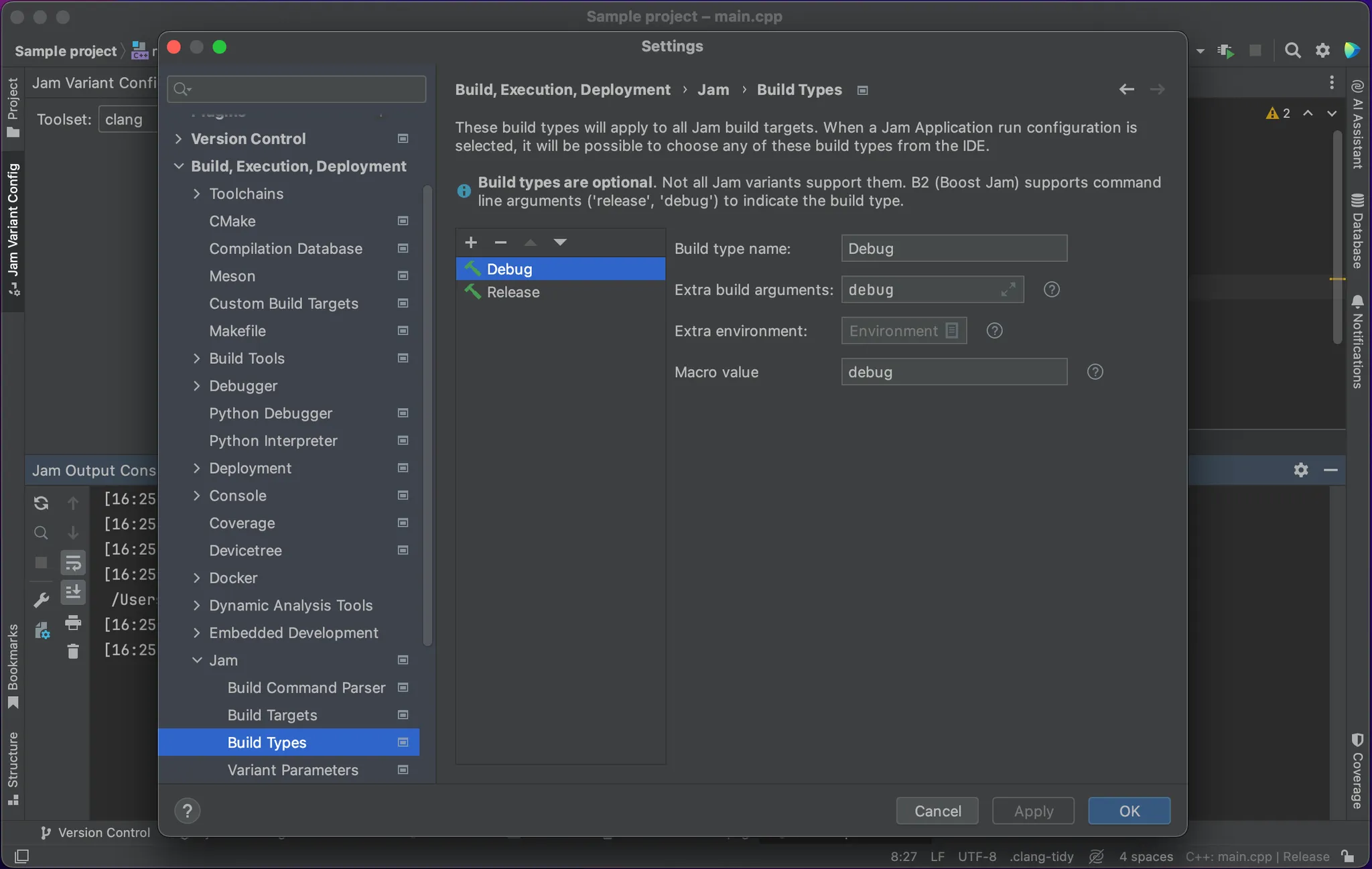 Screenshot of the settings editor for Jam build types