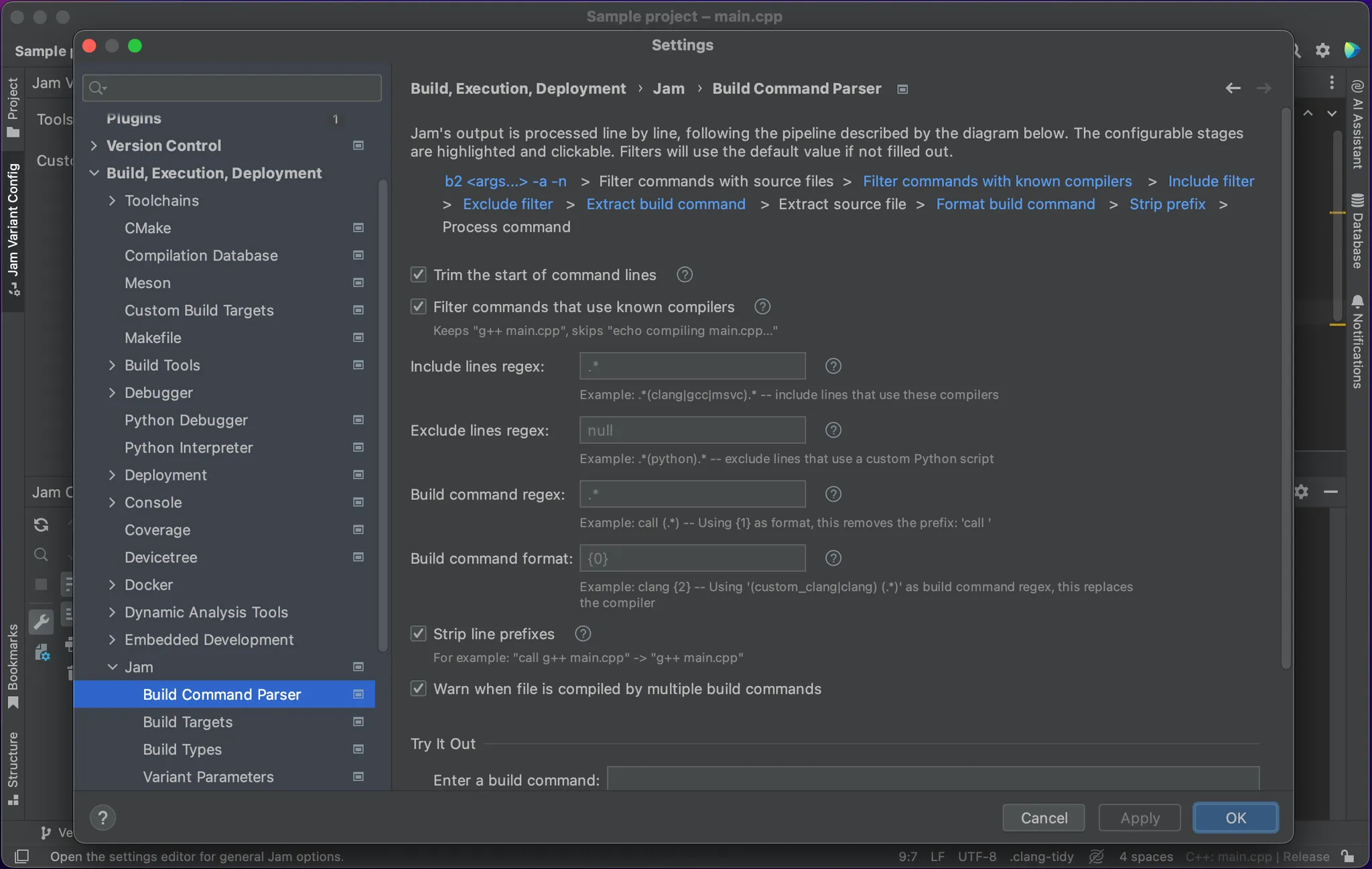 Screenshot of the settings editor of the command parser