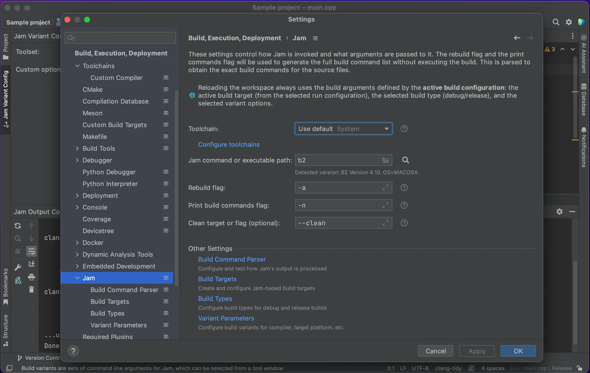 Screenshot of the settings editor of Jam