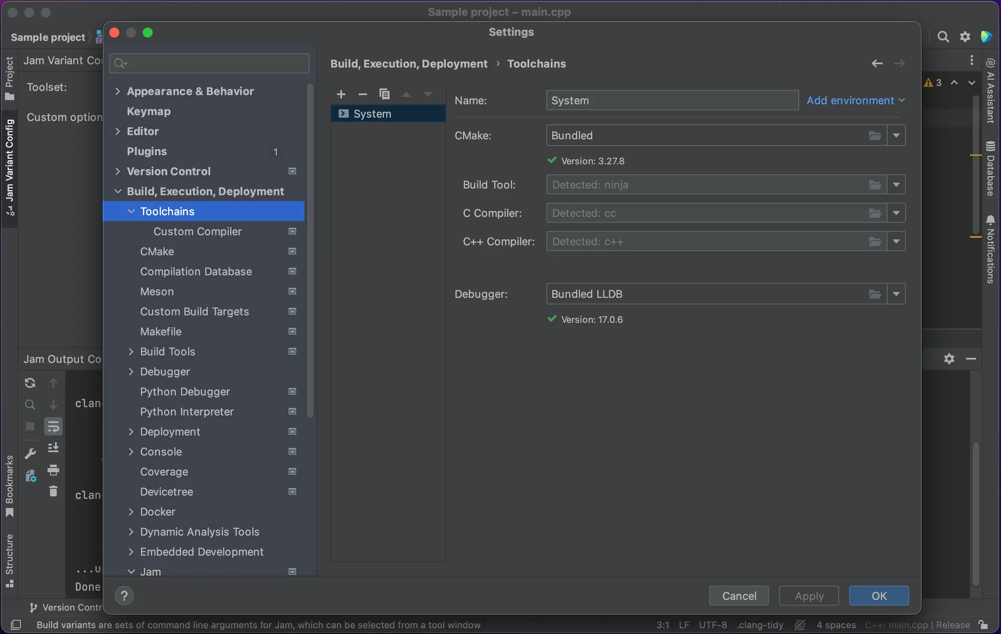 Screenshot of the settings editor of toolchains