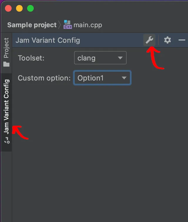 Screenshot showing the Jam Variant Config tool window