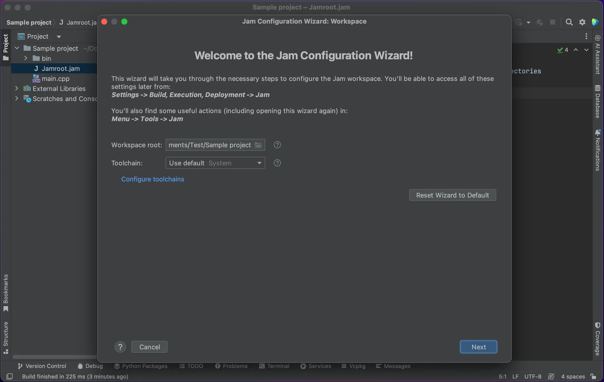 Screenshot of the welcome screen of the Jam configuration wizard