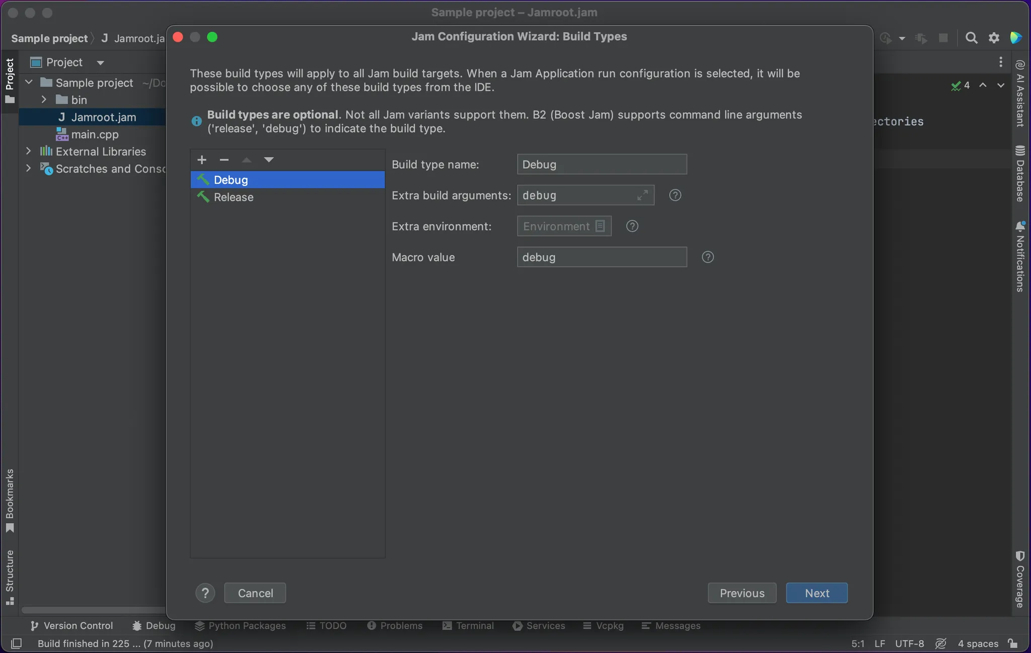 Screenshot of the build types screen of the Jam configuration wizard