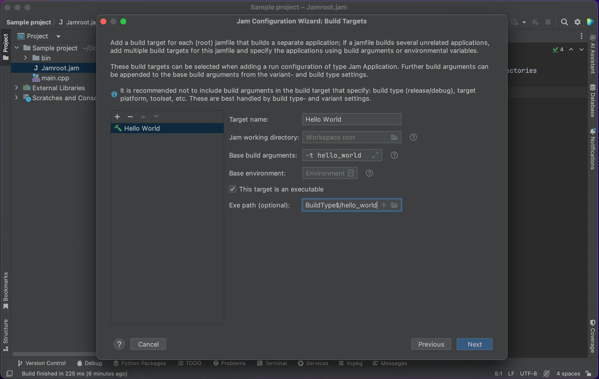 Screenshot of the build targets screen of the Jam configuration wizard