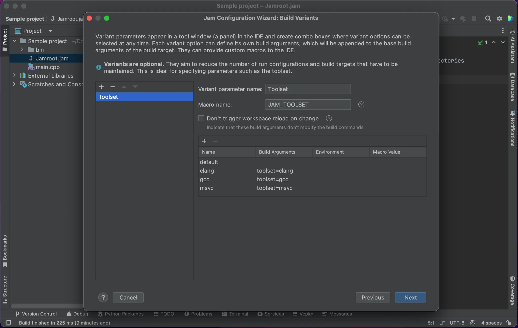 Screenshot of the build variants screen of the Jam configuration wizard